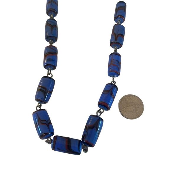 Vintage Ceramic Beaded Blue & Red Cylinder Necklace w/Screw Clasp. - Picture 6 of 6